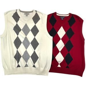 Argyle Sweater Vest Mens XL CARIBBEAN JOE Red SUN RIVER Cream ~ Knit Cotton LOT